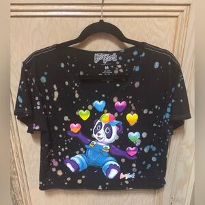 Lisa Frank Panda Painter Bleach Splatter Black Crop T-Shirt Sz M Colorful Hearts